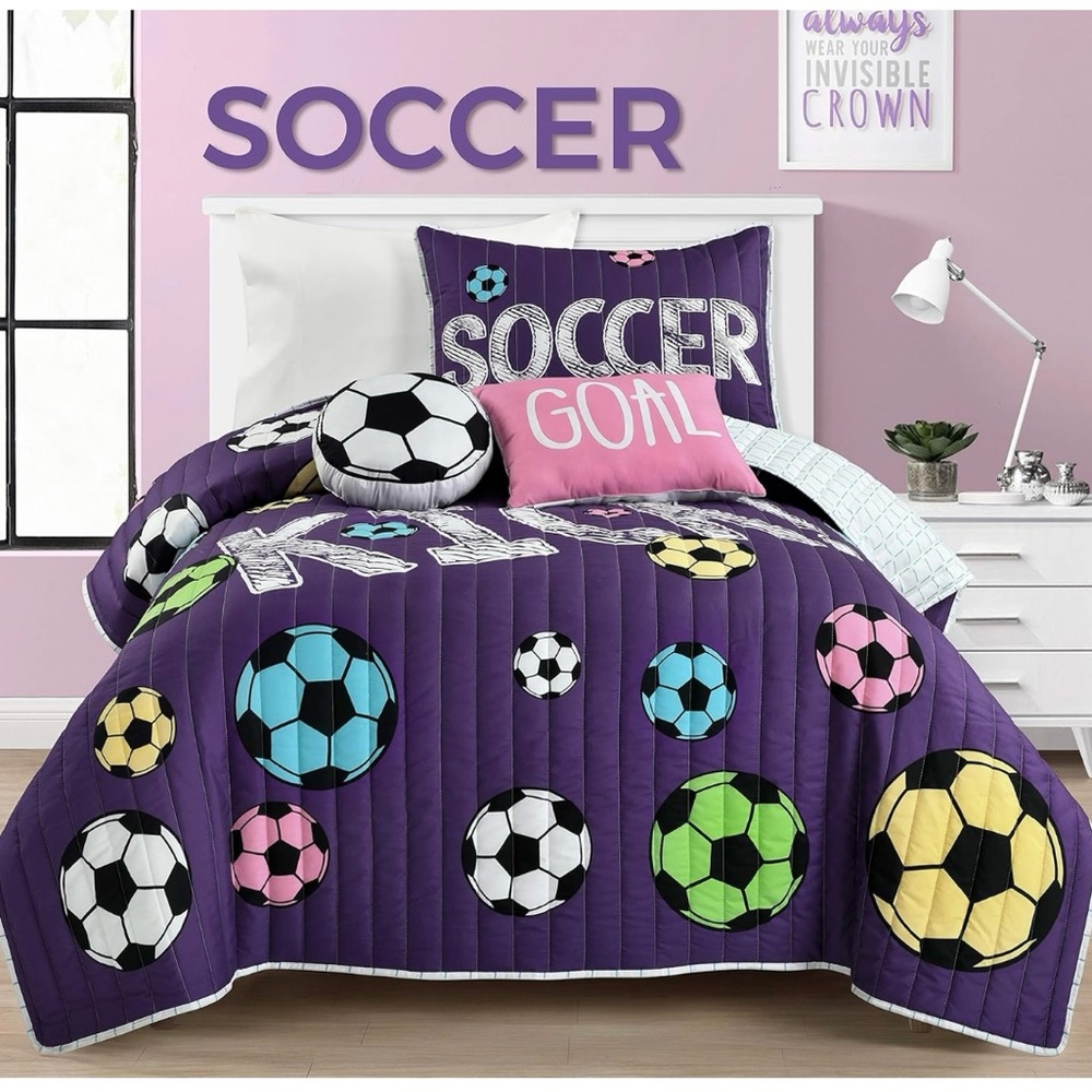 Girls Soccer Bedding - 4 Piece Quilt Set, Twin, Purple